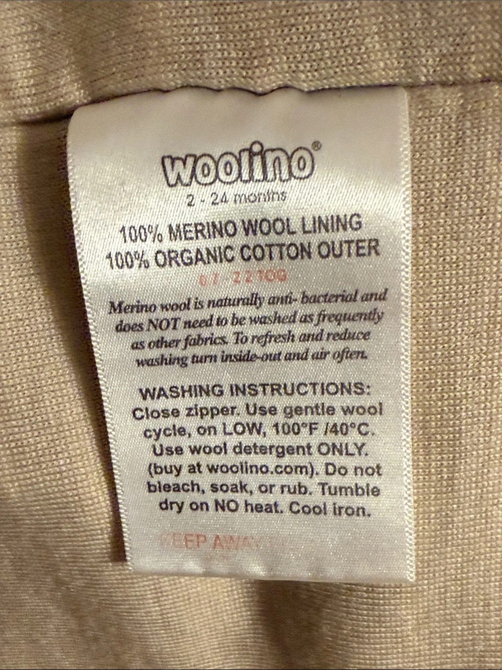 Woolino Sleep Sack 100% Merino Wool Lining 100% Organic Cotton Outer 2-24 Months